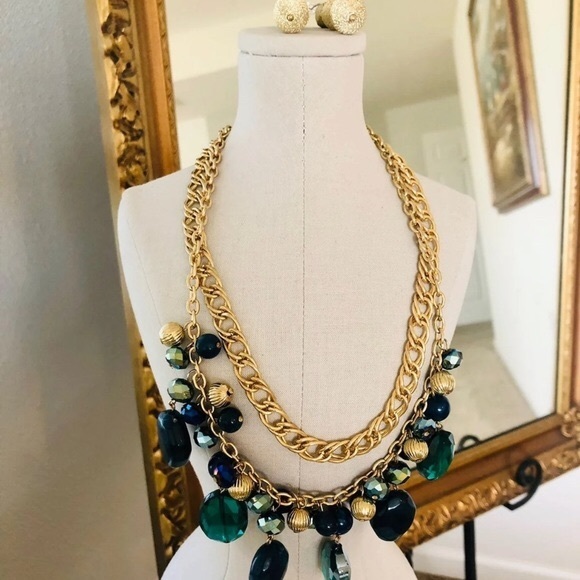Vintage Blue Crystal Necklace & Gold Wrap Earrings 💙 - Picture 2 of 12